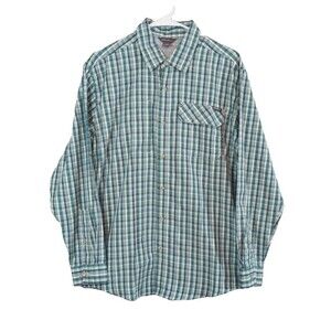 Eddie Bauer Men Shirt MEDIUM Button Up Performance Green Plaid Long Sleeve Vents